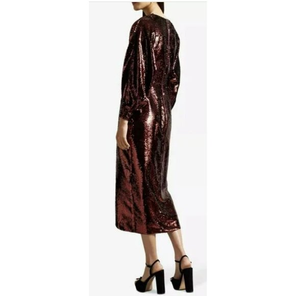 Ted Baker Sequins Burgundy Wine Emmalee Surplice Midi Dress US 6 - Picture 4 of 9